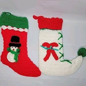 Christmas Stocking Hand Made Crochet Knit Red White Lot Of 2 Santa Candy Cane